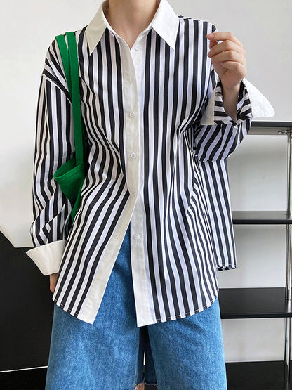 flowersverse Simple Long Sleeves Contrast Color Striped Lapel Blouse Top