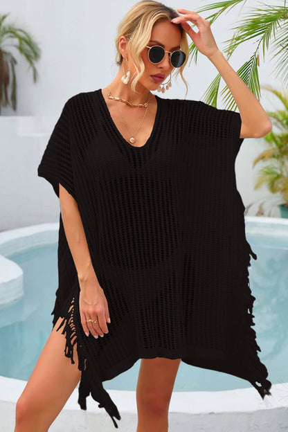 flowersverse Fringe Trim Openwork Cover Up