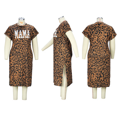 flowersverse Plus Size Women Leopard Print Round Neck Slit Dress