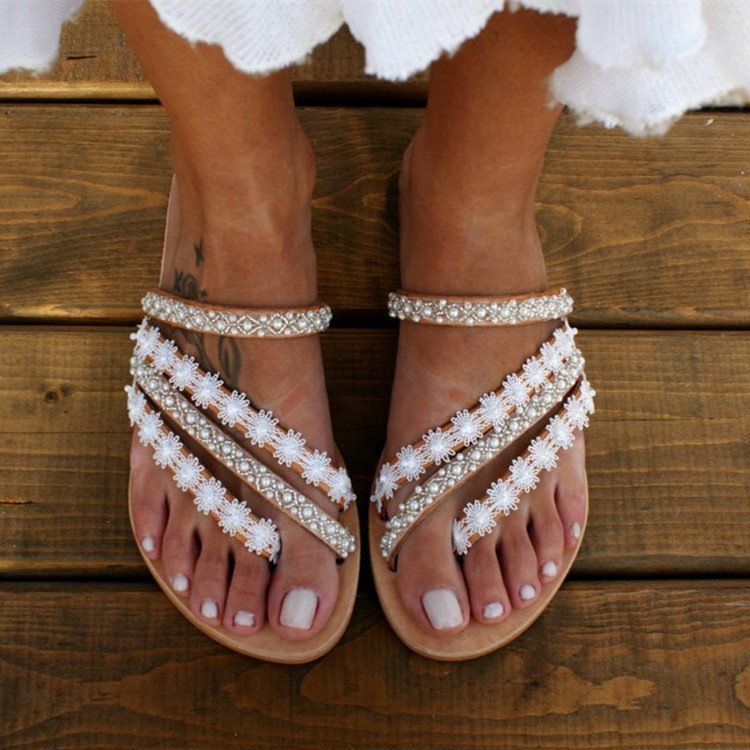 flowersverse Women's Sandals Mules Boho Beach Shoes Rhinestone Lace Beading Flat Slippers