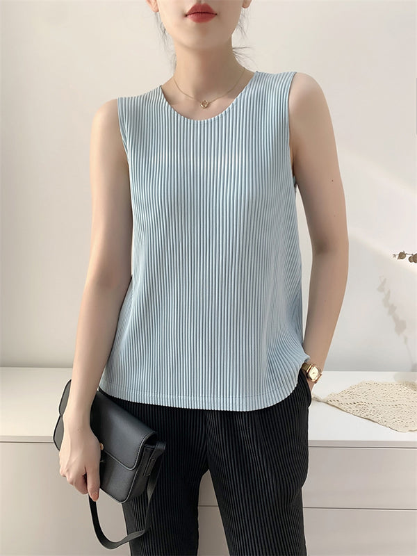 flowersverse Casual Sleeveless Pleated Solid Color Round-Neck Vest Top