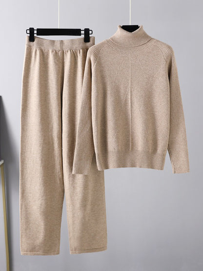 flowersverse Urban Long Sleeves Loose Solid Half Turtleneck Sweater Tops & Wide Leg Pants Two Pieces Set