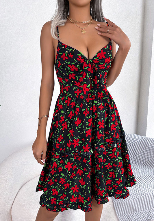 flowersverse Spring Summer Casual Floral Bow Ruffle Edge Strap Dress