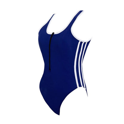 flowersverse Women's Swimwear One Piece Monokini Bathing Suits Normal Swimsuit Zipper Tummy Control High Waisted Striped Blue Bathing Suits New Vacation Sporty