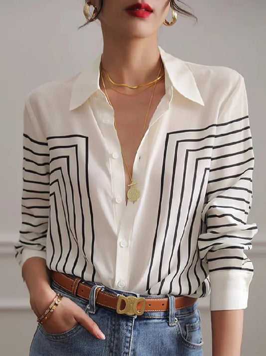 flowersverse Casual Long Sleeves Printed Lapel Blouses&Shirts Tops