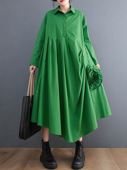 flowersverse Urban Floral Applique Pleated Long Sleeves Shirt Dress Midi Dress