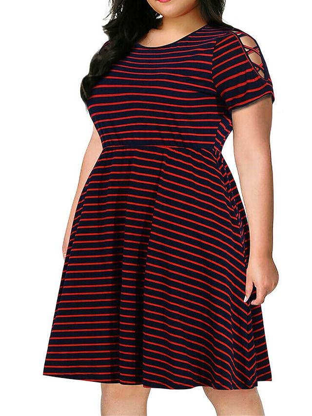 flowersverse Women's Plus Size Casual Dress A Line Dress Stripe Midi Dress Short Sleeve Pocket Crew Neck Fashion Daily White Red Spring Summer XL XXL 3XL 4XL 5XL