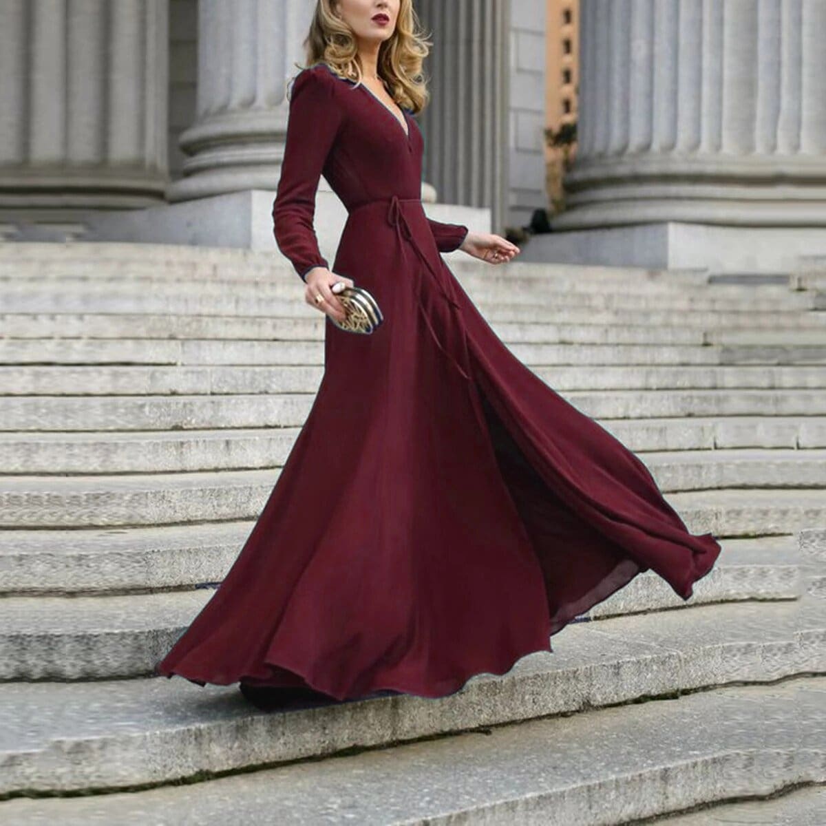 flowersverse Vintage Formal Dress Women Lady V Neck Long Sleeve Maxi Dress Autumn Winter Evening Party Wedding Prom Gown Dress