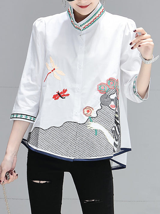 flowersverse Embroidered Figure Loose Plus Size Stand Collar Blouses&shirts Tops