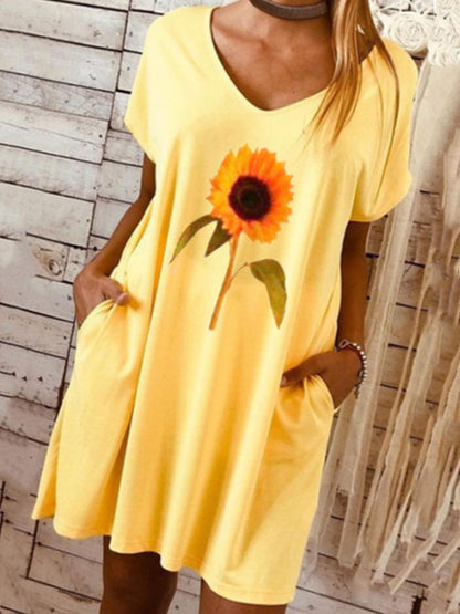 flowersverse Yellow Floral Date Daily Casual V neck A-Line Short Sleeve Knitting Dress