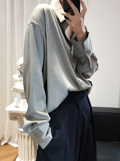 flowersverse Simple Solid Color Satin Chiffon Long Sleeve Blouse