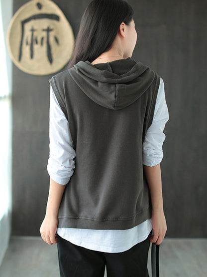 flowersverse Artistic Retro Solid Hooded Vest