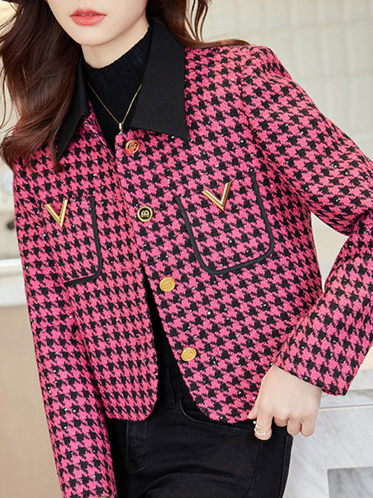 flowersverse Buttoned Houndstooth Pockets Split-Joint Long Sleeves Plus Size Lapel Outerwear