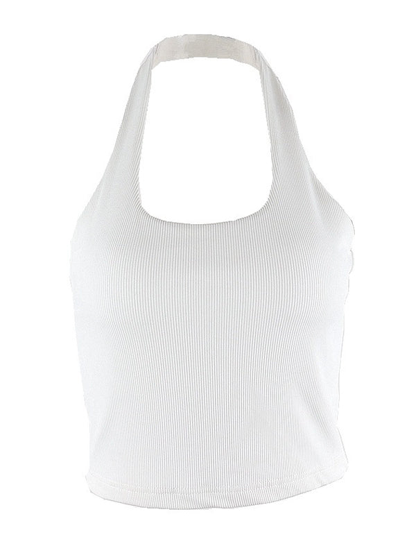 flowersverse Simple Black&White Casual Sleeveless Halterneck Tanks