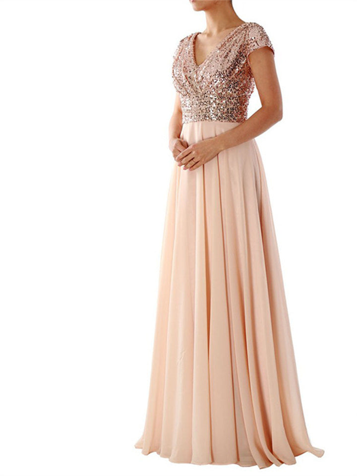 flowersverse V-Neck Chiffon Patchwork Evening Dress