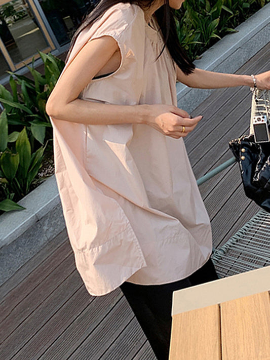 flowersverse Pleated Solid Color Split-Side Zipper Loose Sleeveless Round-Neck Blouses&Shirts Tops