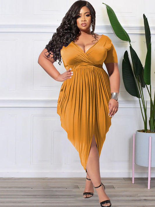 flowersverse Plus Size Short Sleeve Ruched Bodycon Midi Dresses