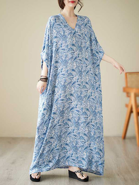 flowersverse Batwing Sleeves Loose Printed V-Neck Maxi Dresses