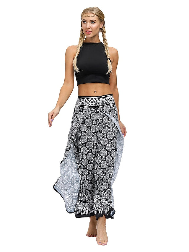 flowersverse Women's Harem Wide Leg Pants Trousers Light gray Gray Black High Waist Basic Boho Gym Yoga Layered High Cut Micro-elastic Full Length Comfort Pattern S L / Drop Crotch / Plus Size / Loose Fit / Print