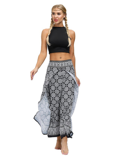 flowersverse Women's Harem Wide Leg Pants Trousers Light gray Gray Black High Waist Basic Boho Gym Yoga Layered High Cut Micro-elastic Full Length Comfort Pattern S L / Drop Crotch / Plus Size / Loose Fit / Print