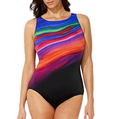 flowersverse Women's Swimwear One Piece Monokini Bathing Suits Plus Size Swimsuit Backless Modest Swimwear Tummy Control Printing for Big Busts Rainbow Blue Red Scoop Neck Bathing Suits New Vacation Fashion