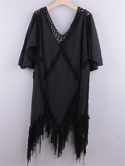 flowersverse Women's Cover Up Beach Dress Beach Wear Mini Dress Tassel Fringe Hollow Out Hot Casual Solid Color Deep V Short Sleeve Slim Vacation Going out Black Blue  Fall One Size