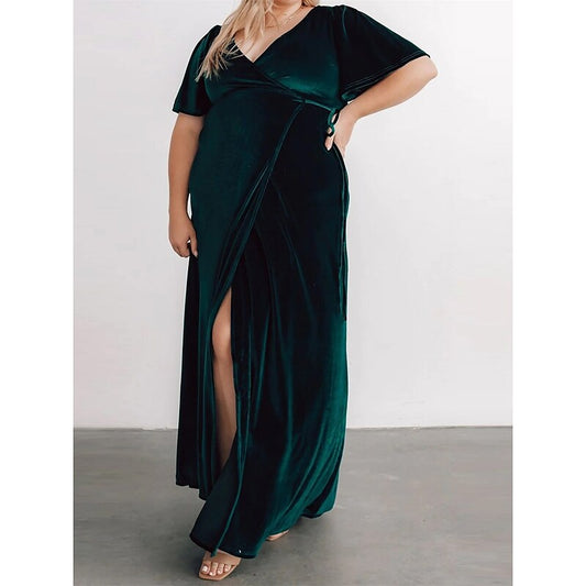 flowersverse Women‘s Plus Size Easter Dress Short Sleeve Lace up Velvet Dress Work Dress Wrap Dress Solid Color Long Dress Maxi Dress Split V Neck Fashion Outdoor Dark Green Spring Dress