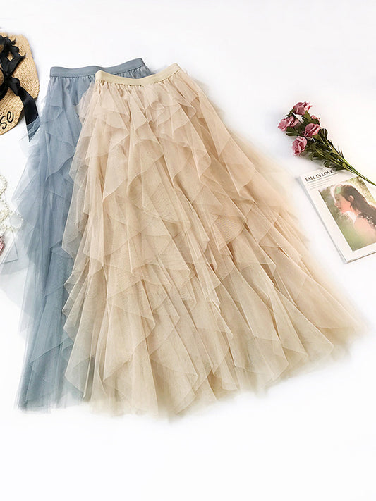 flowersverse Solid Color Irregular Tiered Gauze Skirt