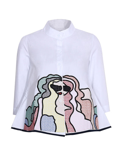 flowersverse Casual High-Low Loose Printed Stand Collar Blouses&Shirts Tops