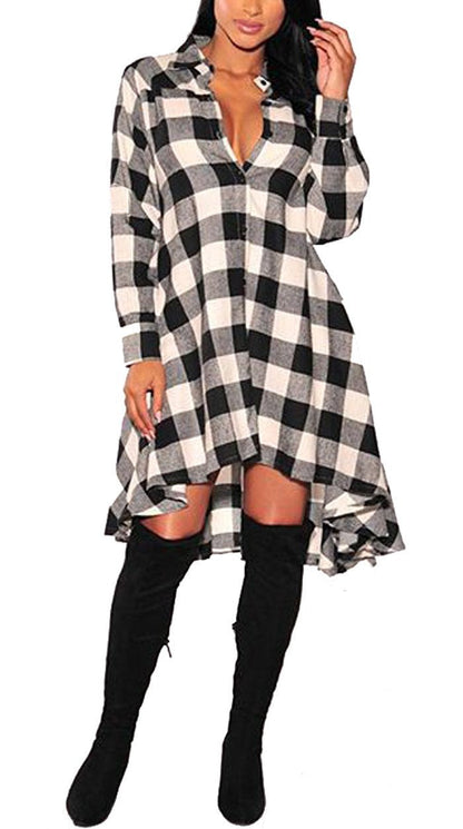 flowersverse Casual Pocket Long Midi Dress Sleeve Plaid Shirt Irregular Coat