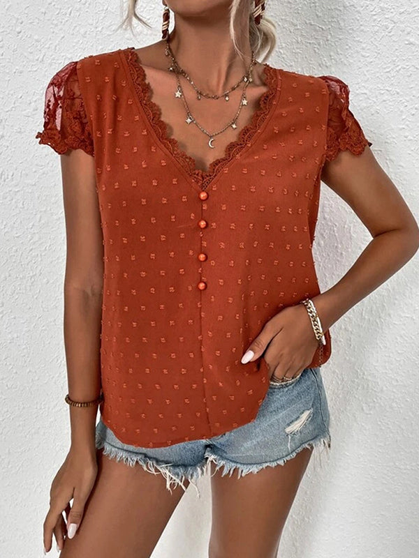 flowersverse Jacquard Lacy Solid Color Cap Sleeve Loose V-neck Blouses&shirts Tops