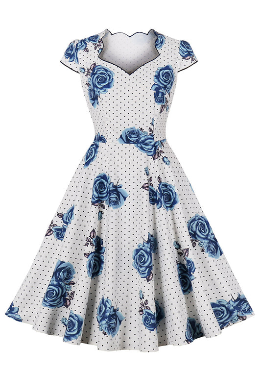 flowersverse Women Rose Print Square Neck Short Sleeve Dress