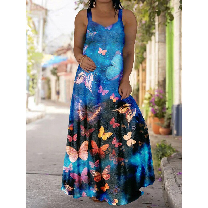 flowersverse Women's Plus Size Casual Dress Slip Dress Floral Butterfly Long Dress Maxi Dress Sleeveless Backless Print Strap Fashion Daily Black Light Green Spring Summer L XL XXL 3XL 4XL