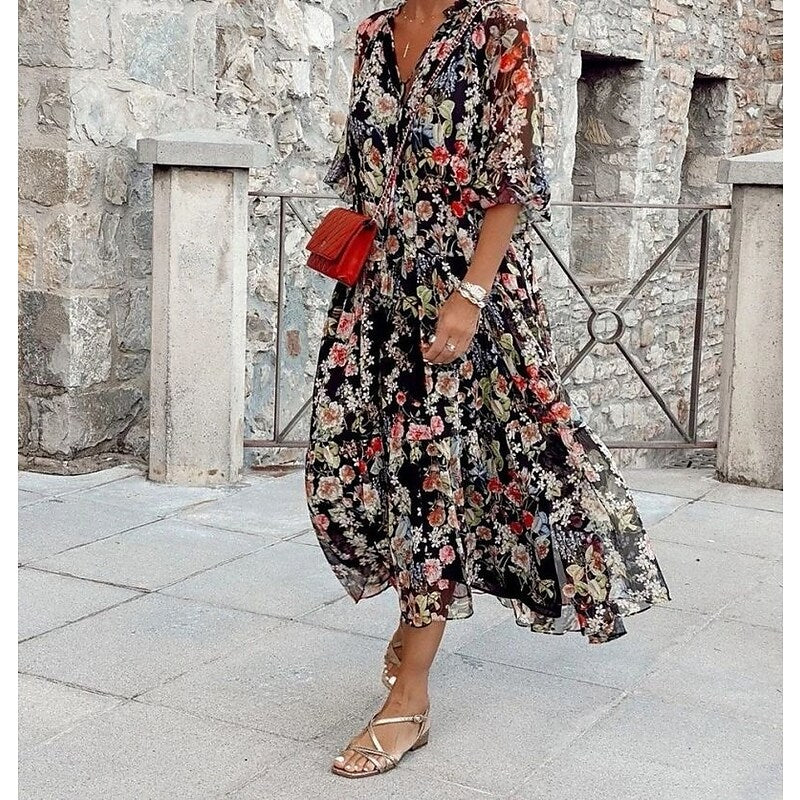 flowersverse Women's Loose Midi Dress Half Sleeve Floral Print Print Spring Summer V Neck Vacation Boho Holiday Loose  S M L XL XXL / Chiffon