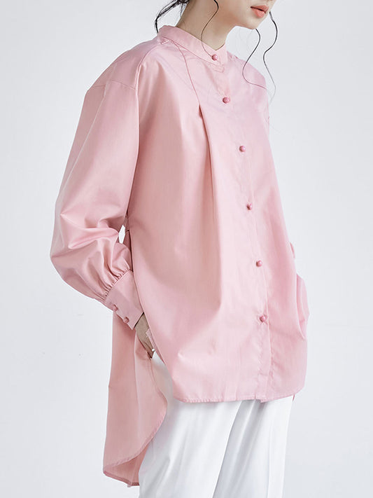 flowersverse Ribbed Solid Color High-low Long Sleeves Stand Collar Blouses&shirts Tops