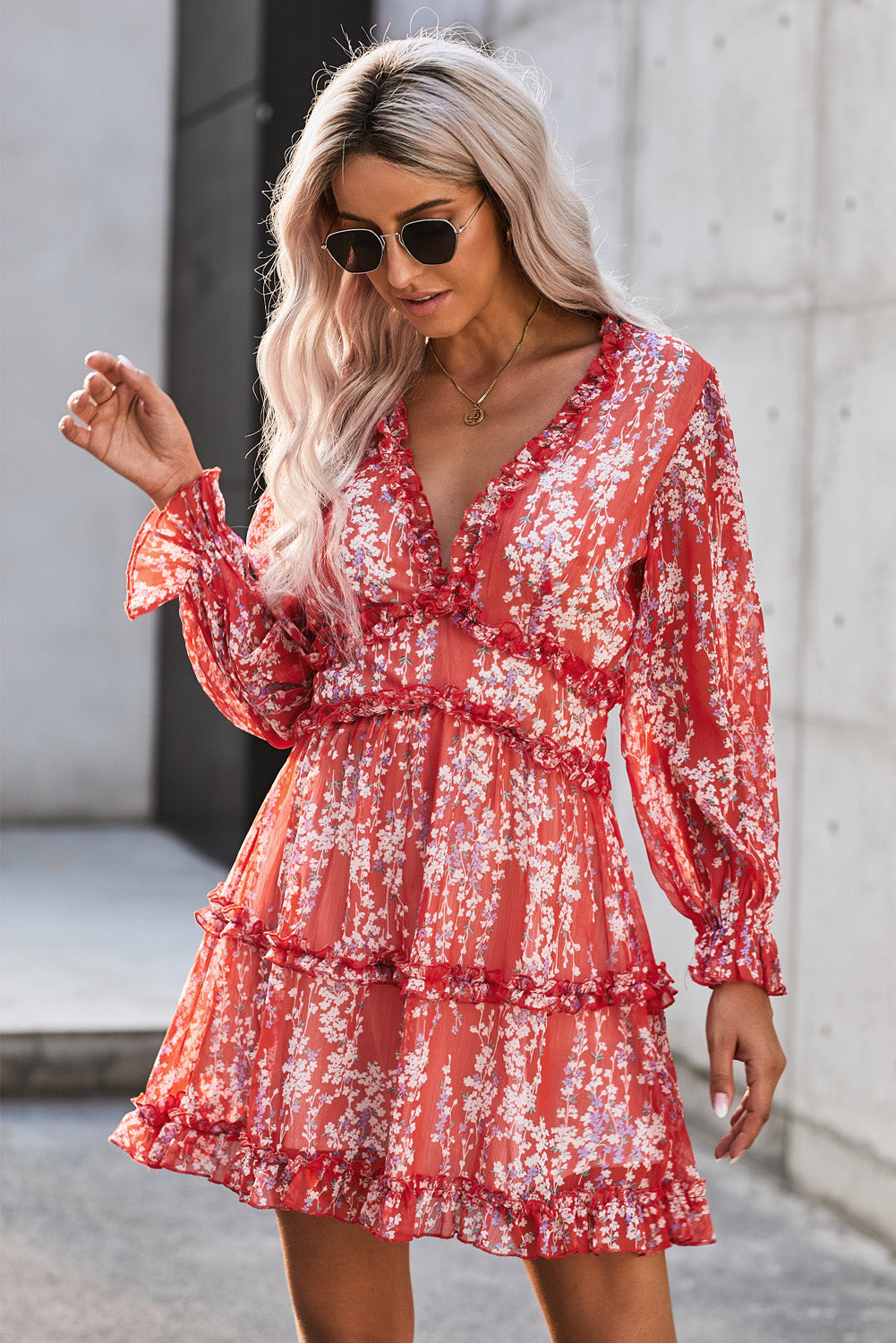 flowersverse Classy Floral Frill Trim Plunge Flounce Sleeve Mini Dress