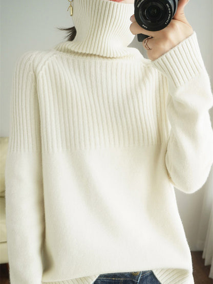 flowersverse Casual Long Sleeves Loose Solid Color High-Neck Sweater Tops