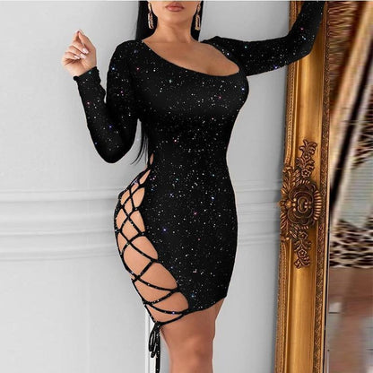 flowersverse Women Glitter Lace-Up Dress Long Sleeve Backless Sexy Night Out Club Party Dress Bodycon Stretchy Mini Dresses Vestidos