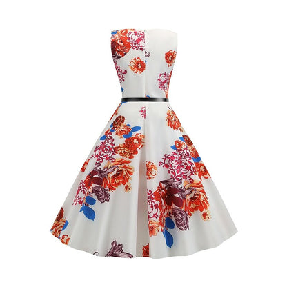 flowersverse Women's Elegant Retro Swing Dress Midi Dress Party Daily With Belt Print Floral Crew Neck Sleeveless Regular Fit Spring Summer  White Red S M L XL