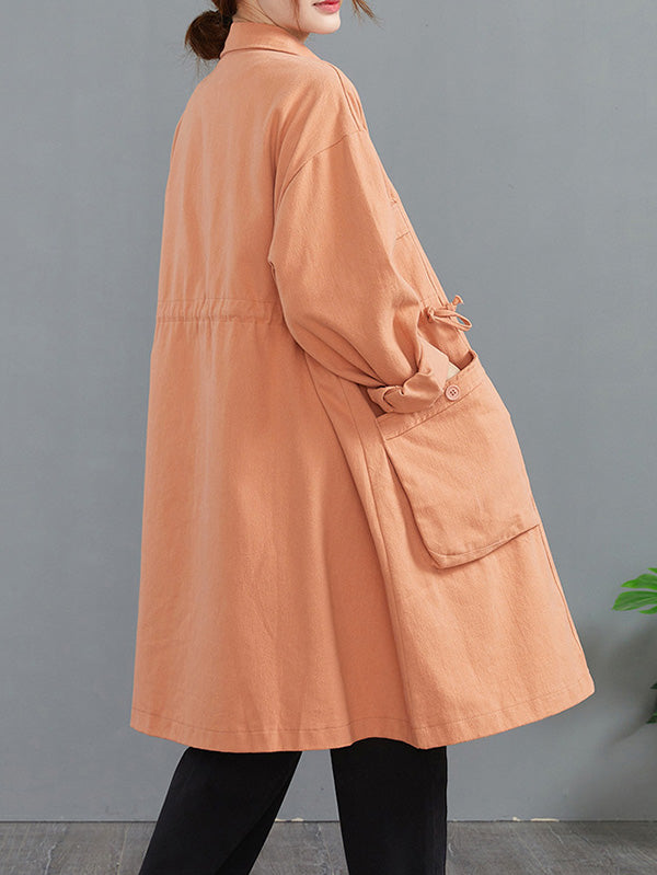 flowersverse Casual Loose Solid Color Buttoned Lapel Collar Long Sleeves Trench Coat