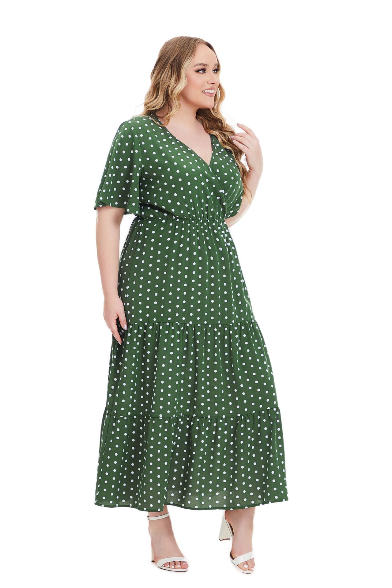 flowersverse Summer Plus Size Women's V Neck Polka Dot Short Sleeve Dress