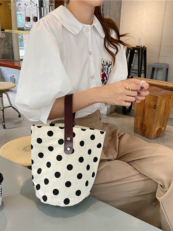 flowersverse Vintage Canvas Polka-Dot Printed Makeup Tote Bag Bucket Bag