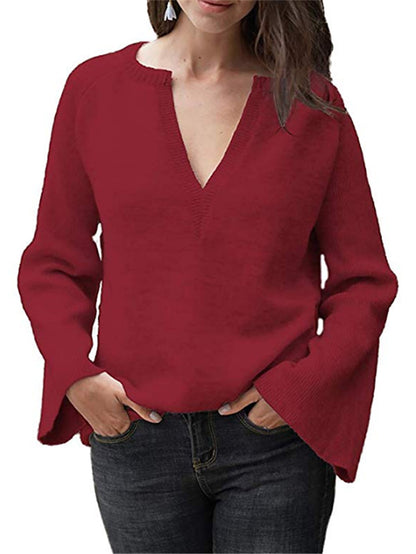 flowersverse Casual Long Sleeves Loose Solid Color V-Neck Sweater Tops