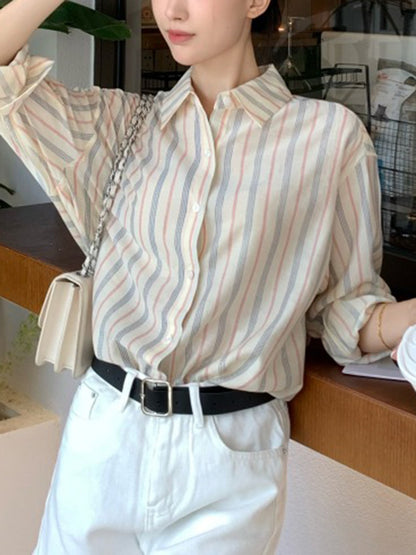 flowersverse Buttoned Striped Long Sleeves Loose Lapel Blouses&Shirts Tops