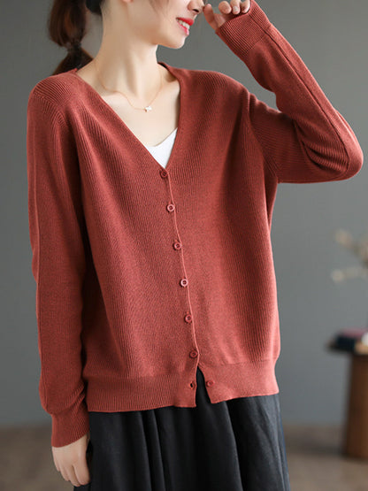 flowersverse Solid Color Long Sleeves Loose V-Neck Cardigan Tops