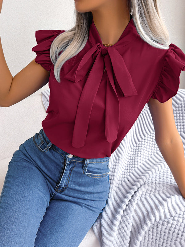 flowersverse Solid Color Cap Sleeve Round-neck Blouses&shirts Tops