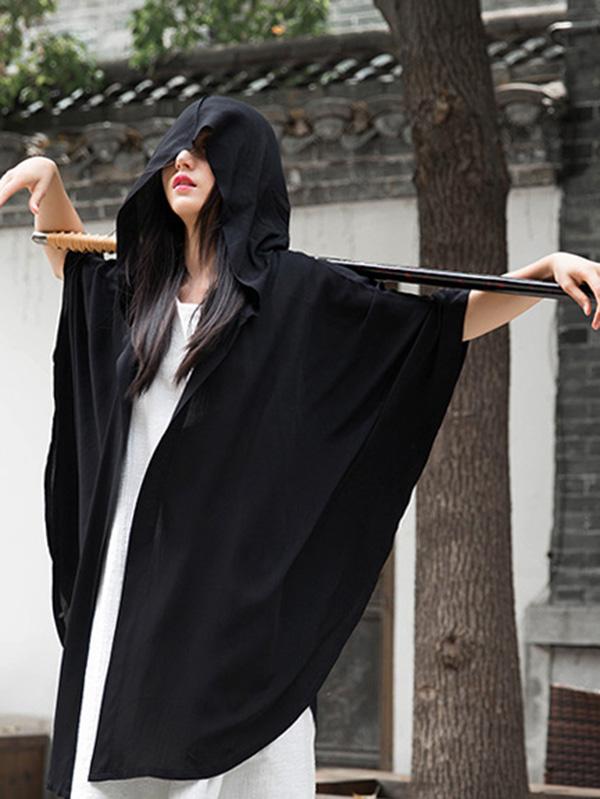 flowersverse Simple Solid Loose Batwing Sleeve Hood Cape