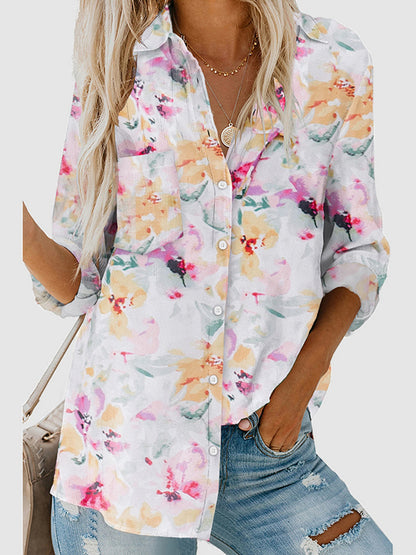 flowersverse Buttoned Flower Print Pockets High-Low Long Sleeves Lapel Blouses&Shirts Tops