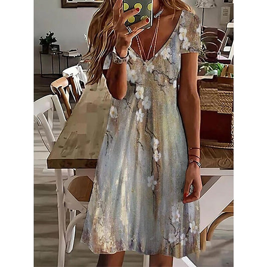 flowersverse Women's Casual Dress Shift Dress Print Dress Floral Print V Neck Mini Dress Active Fashion Outdoor Daily Short Sleeve Regular Fit Khaki Spring Summer S M L XL XXL