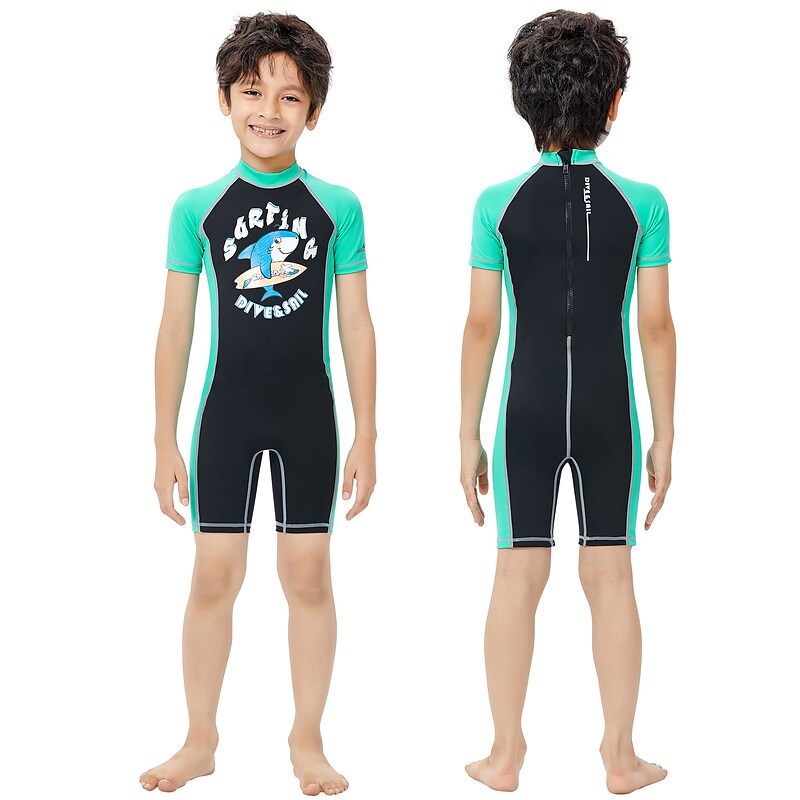 flowersverse Dive&Sail Boys One Piece Swimsuit UPF50+ Lightweight Quick Dry Short Sleeve Swimwear Bodysuit Back Zip Swimming Surfing Beach Sailing Printed Summer